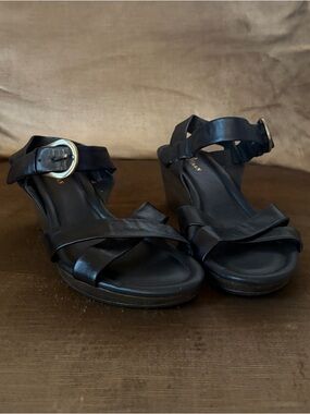 Cole Haan Black Leather Wedge Sandals with Gold Buckle